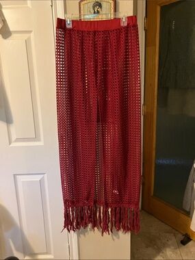 Burgundy Crochet Open-Weave Maxi Skirt coverup designed for layering